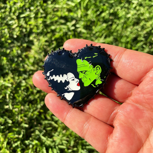 Bride & Frankenstein Heart Glow in the Dark Enamel Pin