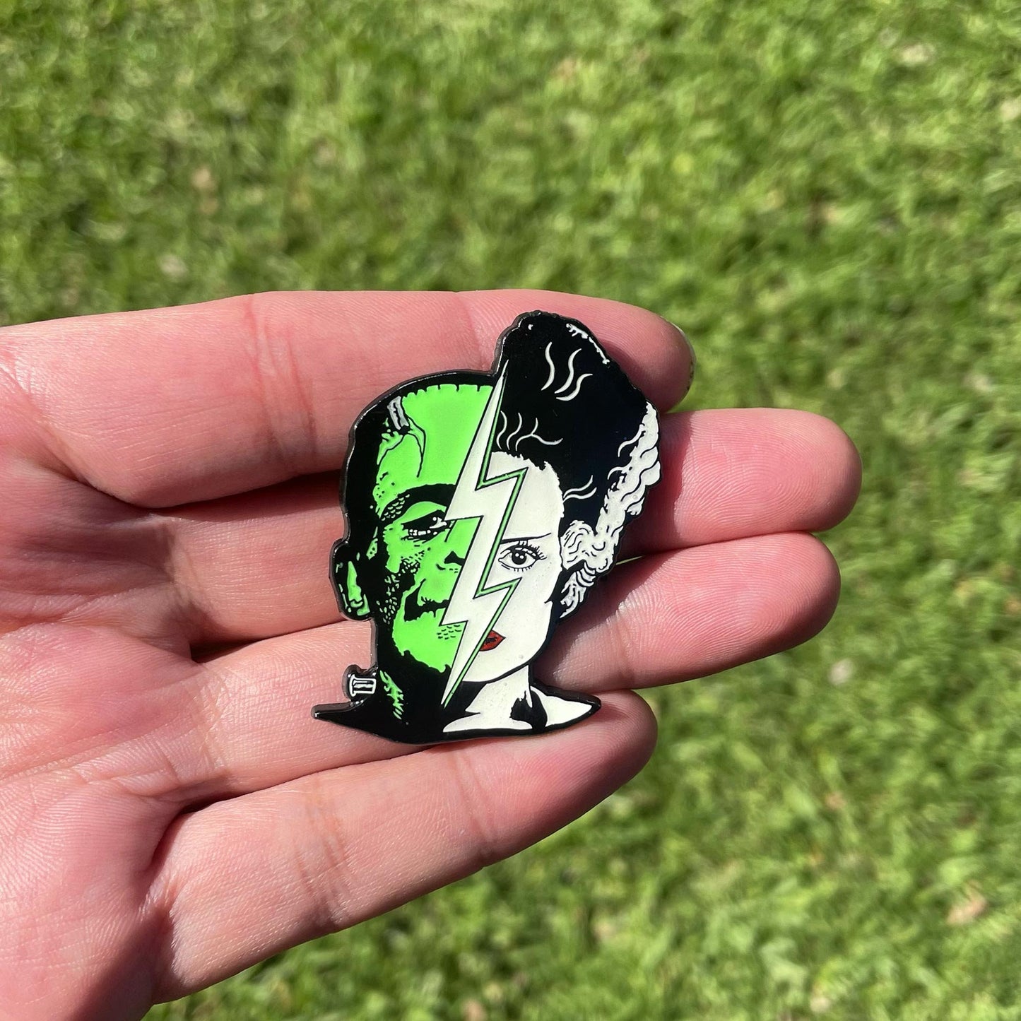 Bride & Frankenstein Half Face Glow in the Dark Enamel Pin